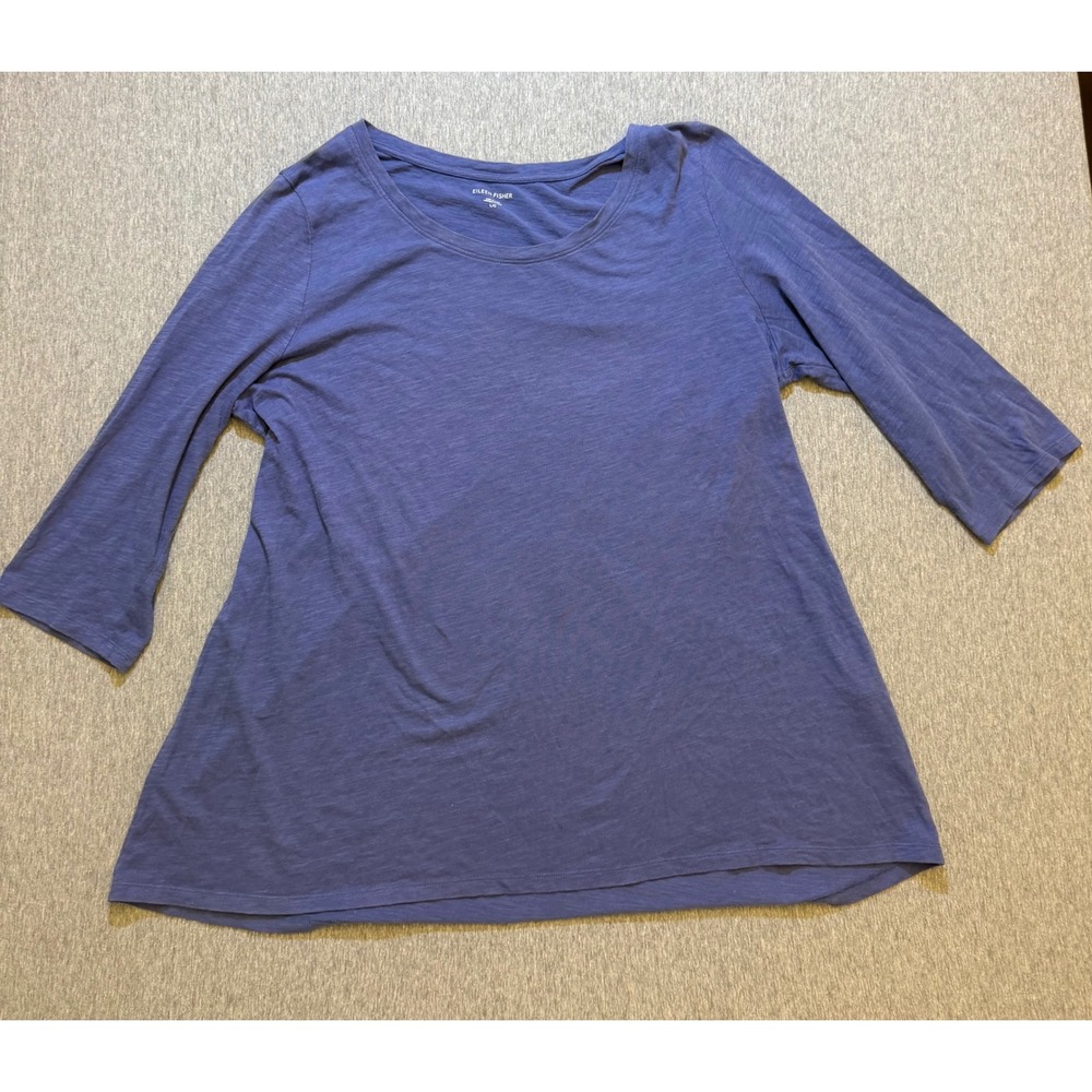 Eileen Fisher Blue Organic Cotton Scoop Neck 3/4 Sleeve Top Large S17SOJ